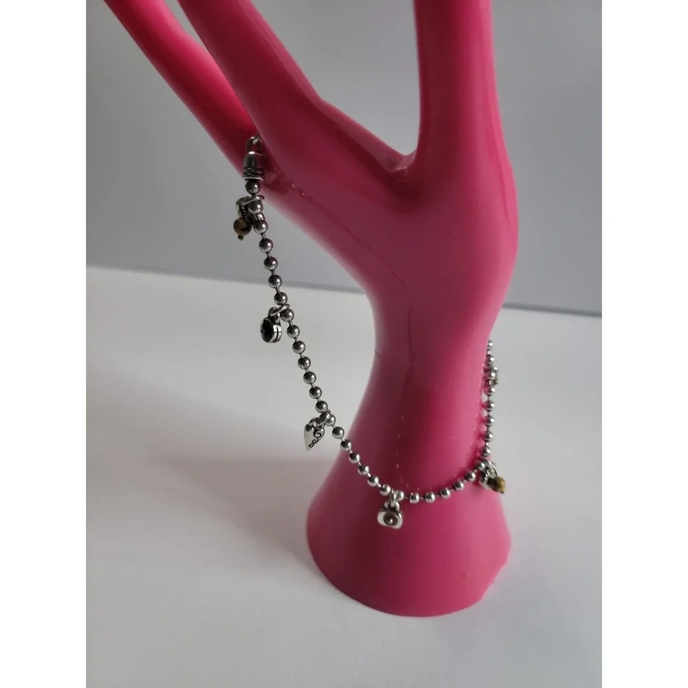 Silver Tone Heart Charm Anklet Brown Bead Boho Adjustable Jewelry